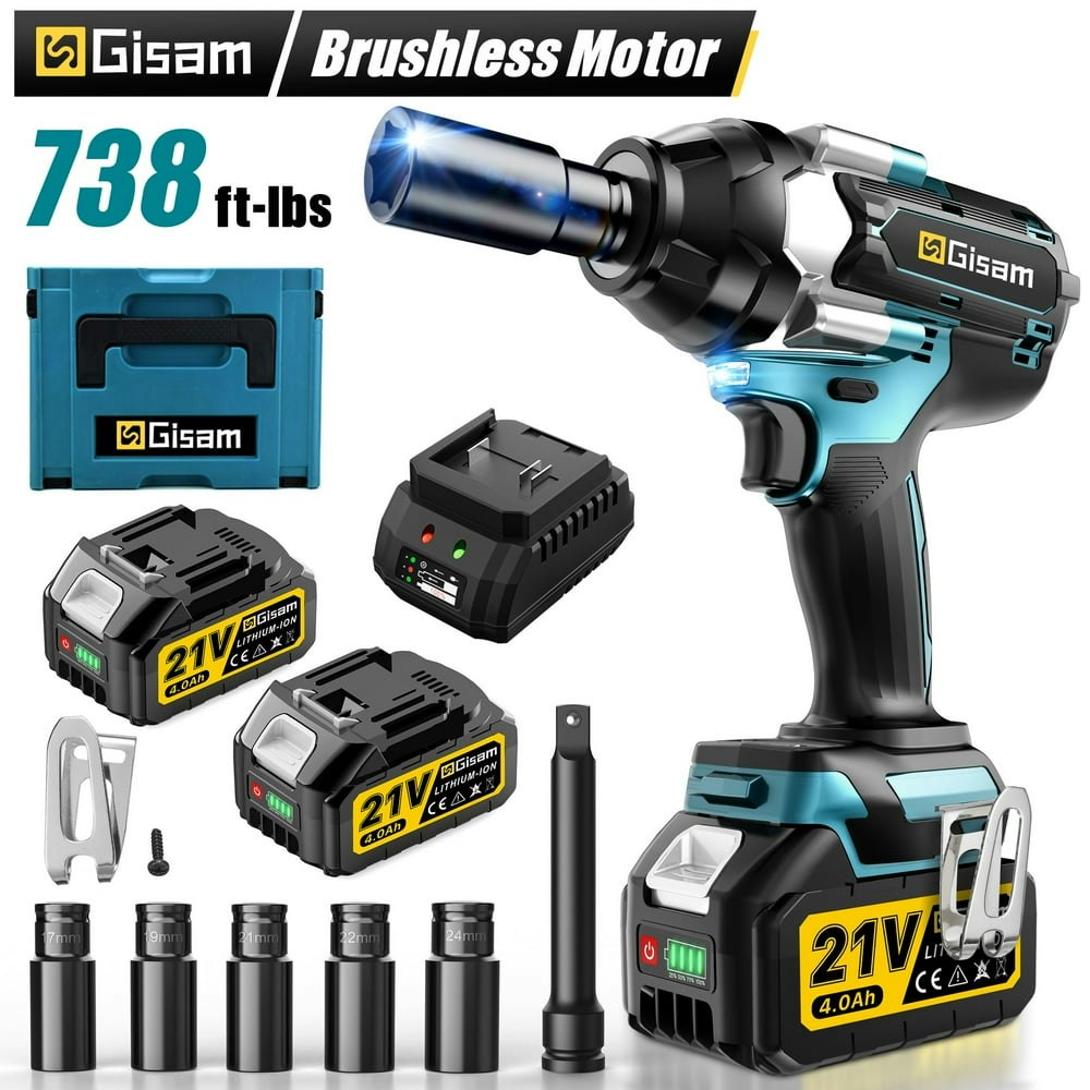 Gisam 1,000N.m 1/2-Inch Cordless Brushless Impact Wrench Kit: $96.99