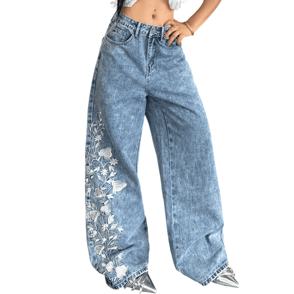 Mrmall Women's Floral Embroidered Wide Leg Baggy Jeans: $31.19 Mrmall Women's Floral Embroidered Wide Leg Baggy Jeans: $31.19
