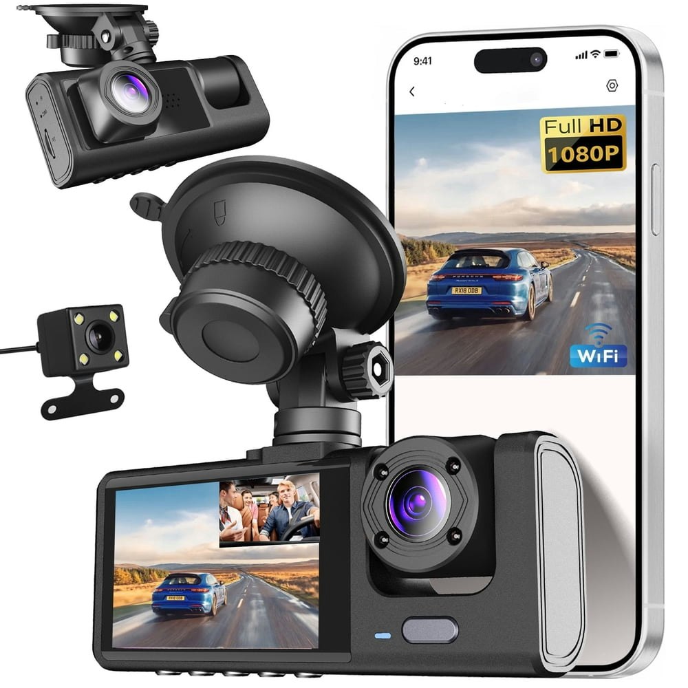 3-Channel 1080p Front and Rear Dash Cam: $32.39
