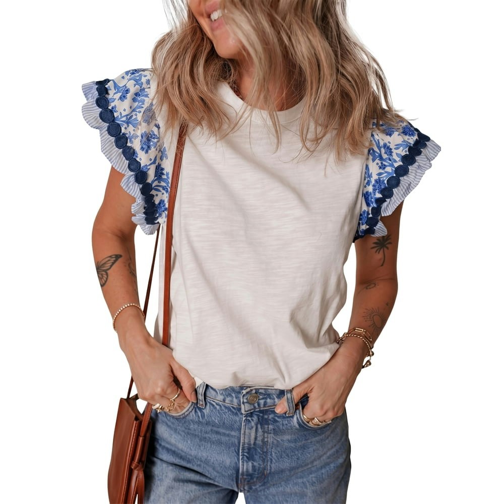 Curbodo Women's Ruffle Short Sleeve Floral Patchwork Blouse: $14.99 Curbodo Women's Ruffle Short Sleeve Floral Patchwork Blouse: $14.99