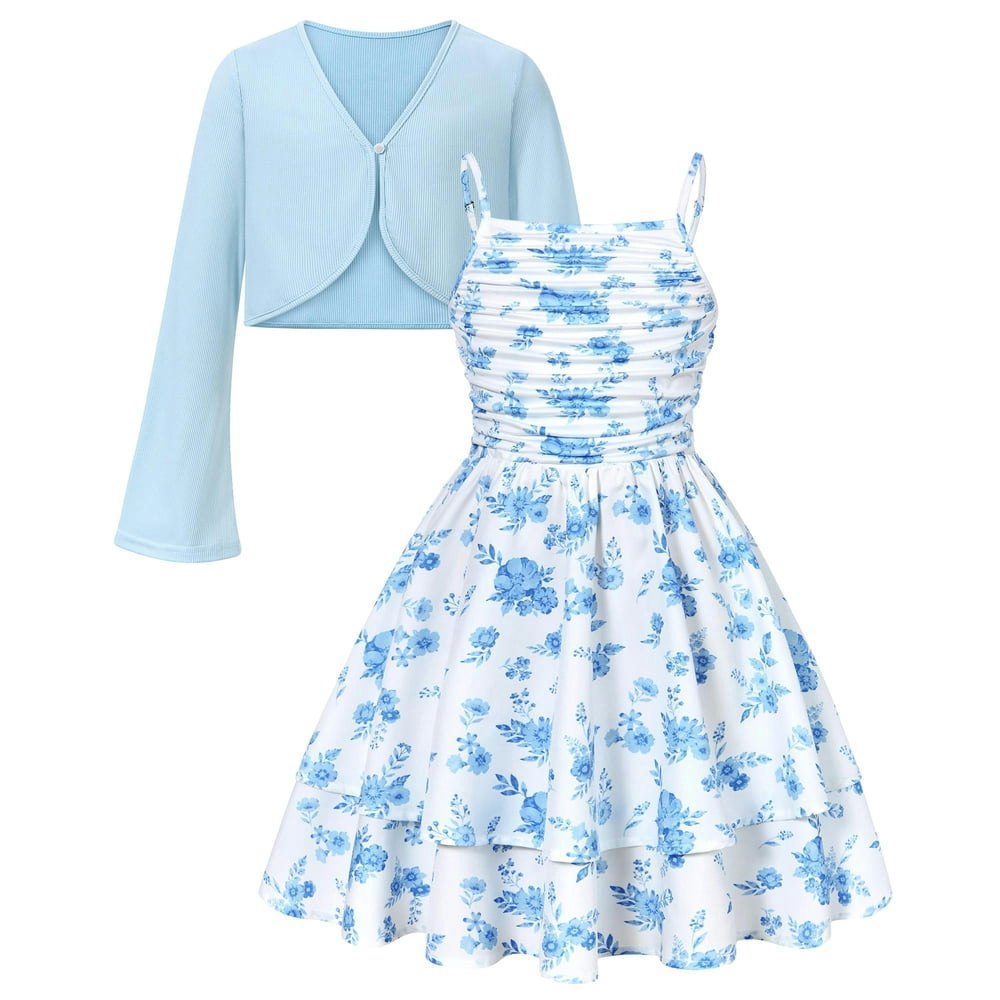 Aideaone Girls Floral Spaghetti Strap Dress and Cardigan Set: $25.99 Aideaone Girls Floral Spaghetti Strap Dress and Cardigan Set: $25.99