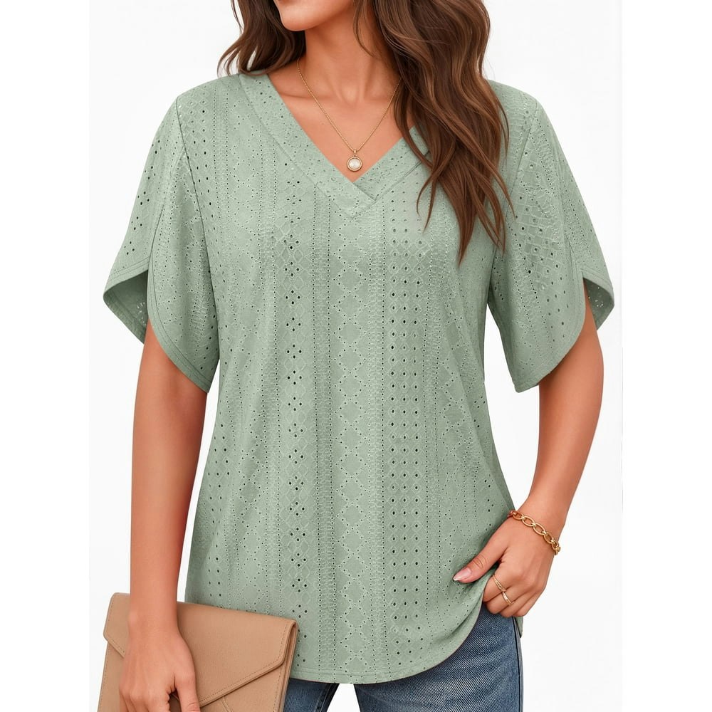 Moyiko Women's Eyelet V-Neck Short Sleeve Blouse: $14.98 Moyiko Women's Eyelet V-Neck Short Sleeve Blouse: $14.98