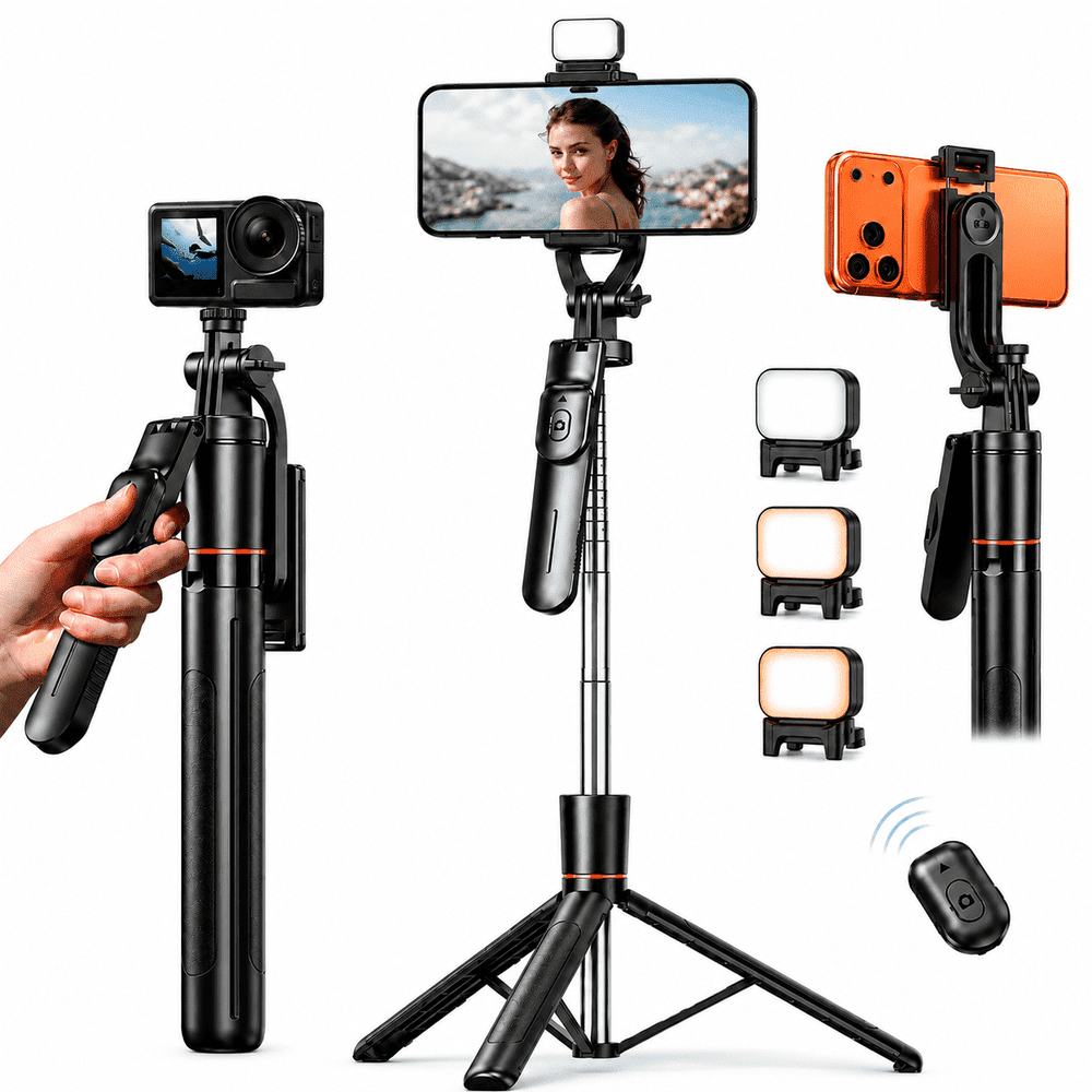 67-Inch Portable Phone Tripod Stand with Light and Remote: $19.89