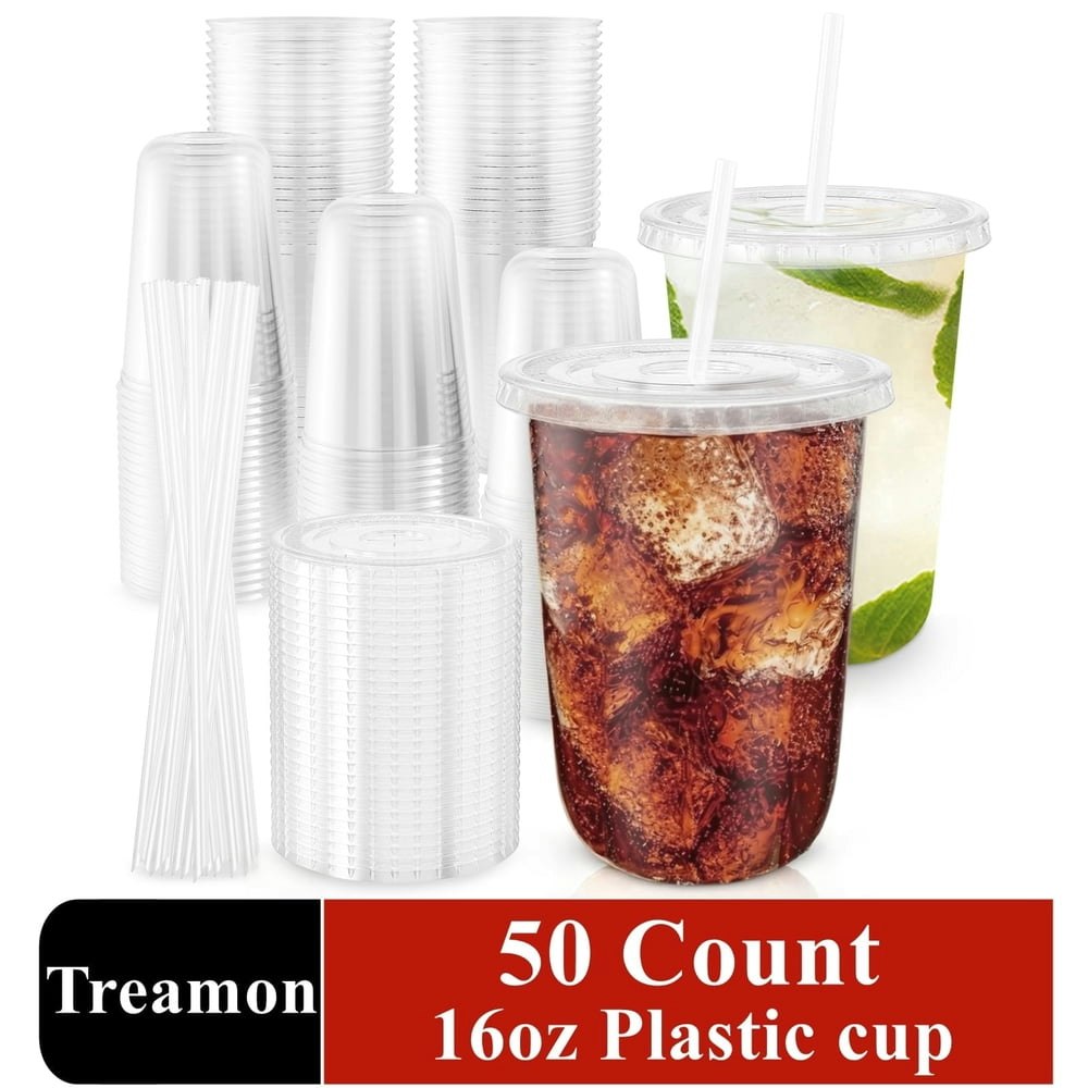 Treamon 16oz Plastic Cups with Lids and Straws 50-Pack: $19.99