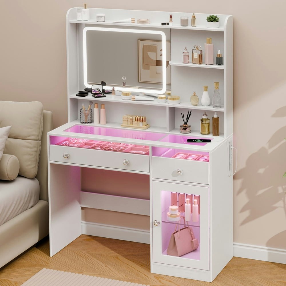 Satifur Modern LED Vanity Desk with Charging Station: $129.99 Satifur Modern LED Vanity Desk with Charging Station: $129.99