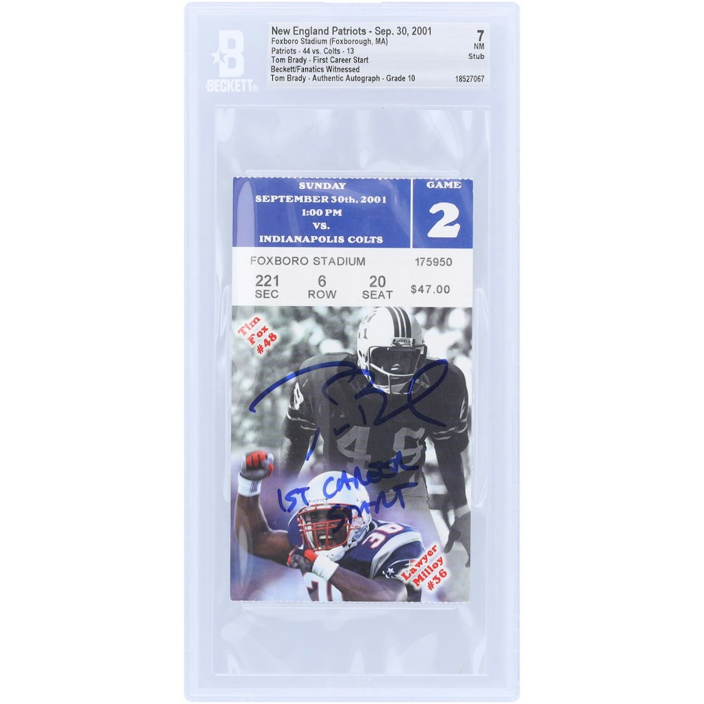 Tom Brady Autographed 2001 New England Patriots First Career Start Ticket: $11,799.99 Tom Brady Autographed 2001 New England Patriots First Career Start Ticket: $11,799.99