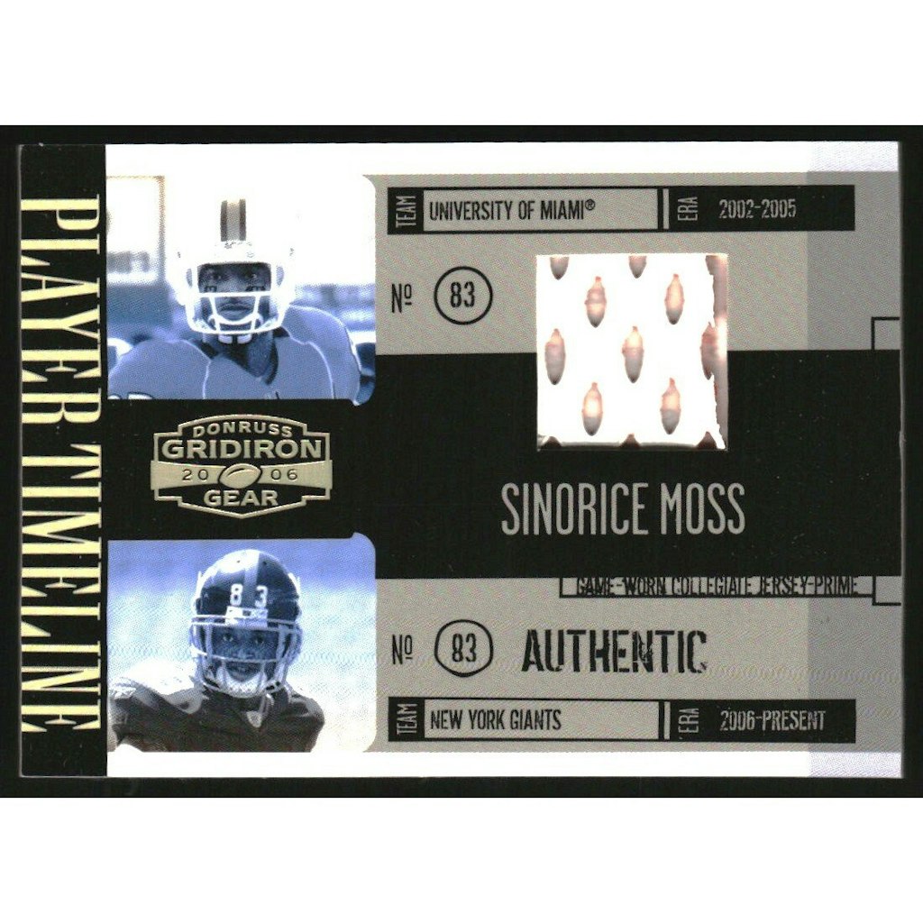 2006 Donruss Gridiron Gear Sinorice Moss Player Timeline Prime Jersey Card: $15