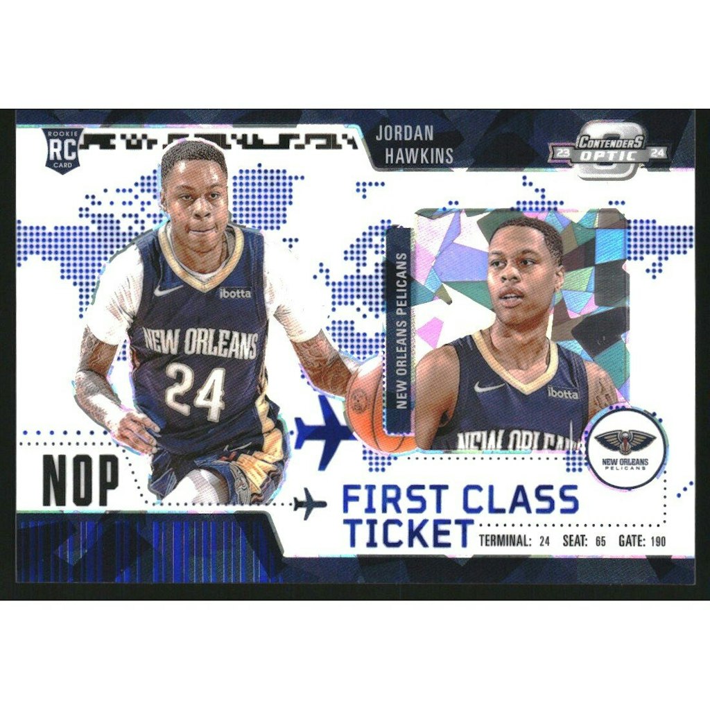 2023-24 Panini Contenders Optic Jordan Hawkins First Class Ticket Blue Cracked Ice Card: $10 2023-24 Panini Contenders Optic Jordan Hawkins First Class Ticket Blue Cracked Ice Card: $10