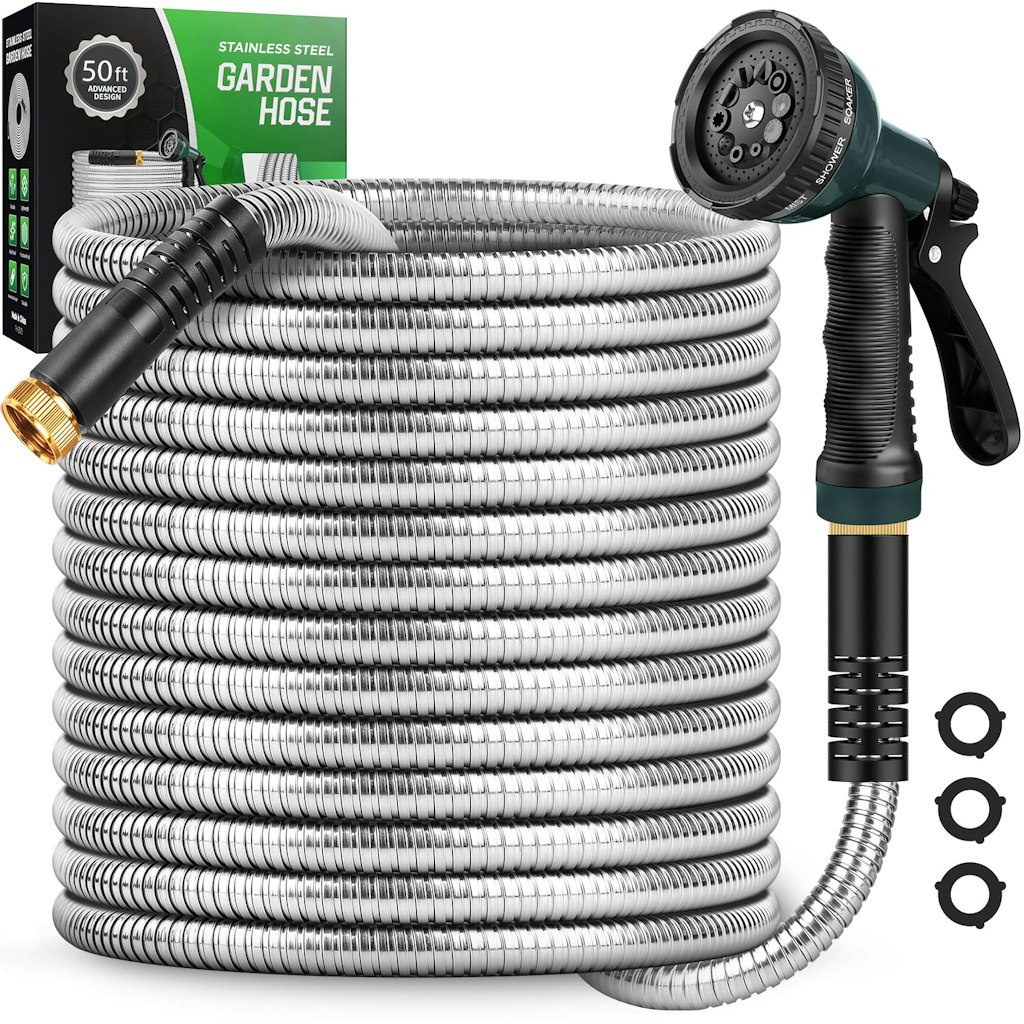 Amayrose 50-Foot Stainless Steel Garden Hose w/ 10-Function Nozzle: $28