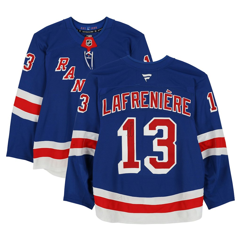 Alexis Lafreniere Autographed Game-Used New York Rangers 2024-25 Jersey: $2,499.99 Alexis Lafreniere Autographed Game-Used New York Rangers 2024-25 Jersey: $2,499.99