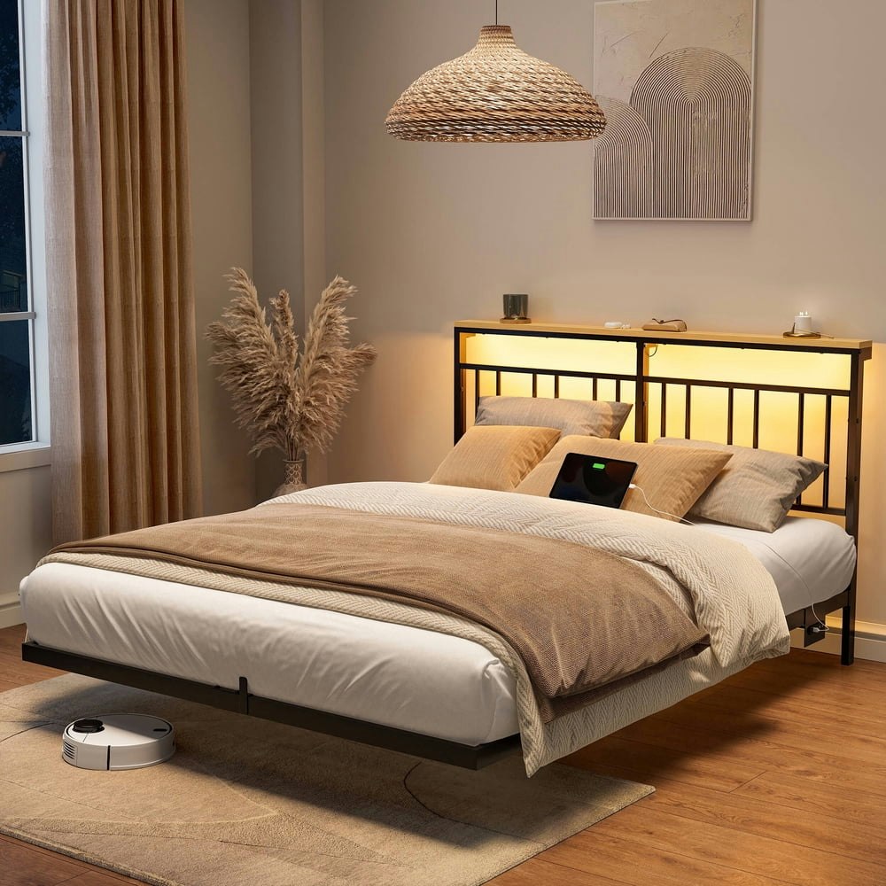 Gunaito Queen Floating LED Platform Bed Frame with Charging Station: $71.79