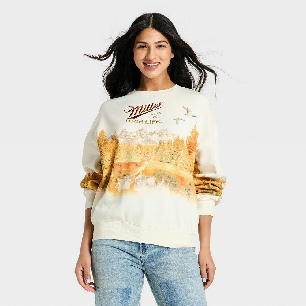 Women's Miller Run Through Graphic Crewneck Sweatshirt: $25 Women's Miller Run Through Graphic Crewneck Sweatshirt: $25