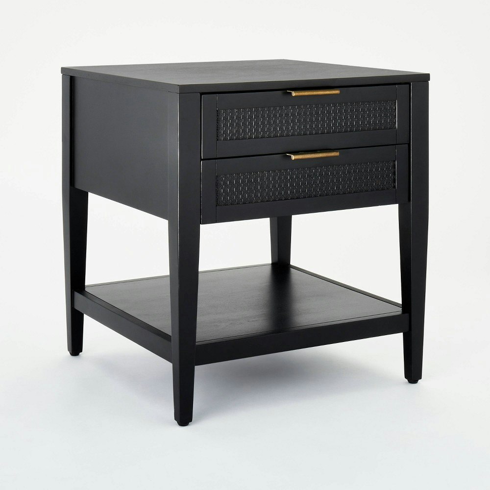 East Bluff Wicker and Wood Veneer 2-Drawer Square Side Table: $220 East Bluff Wicker and Wood Veneer 2-Drawer Square Side Table: $220