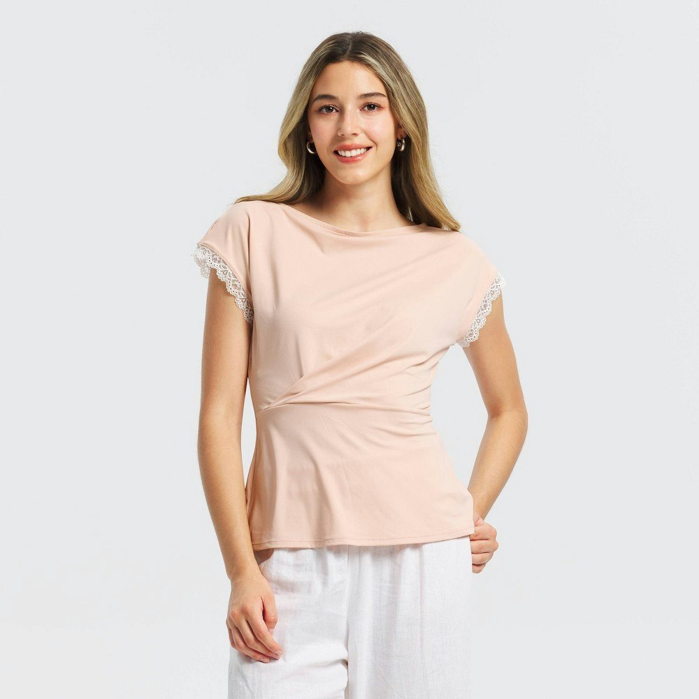 A New Day Women's Cap Sleeve Boat Neck Lace Trim Twist Top: $18