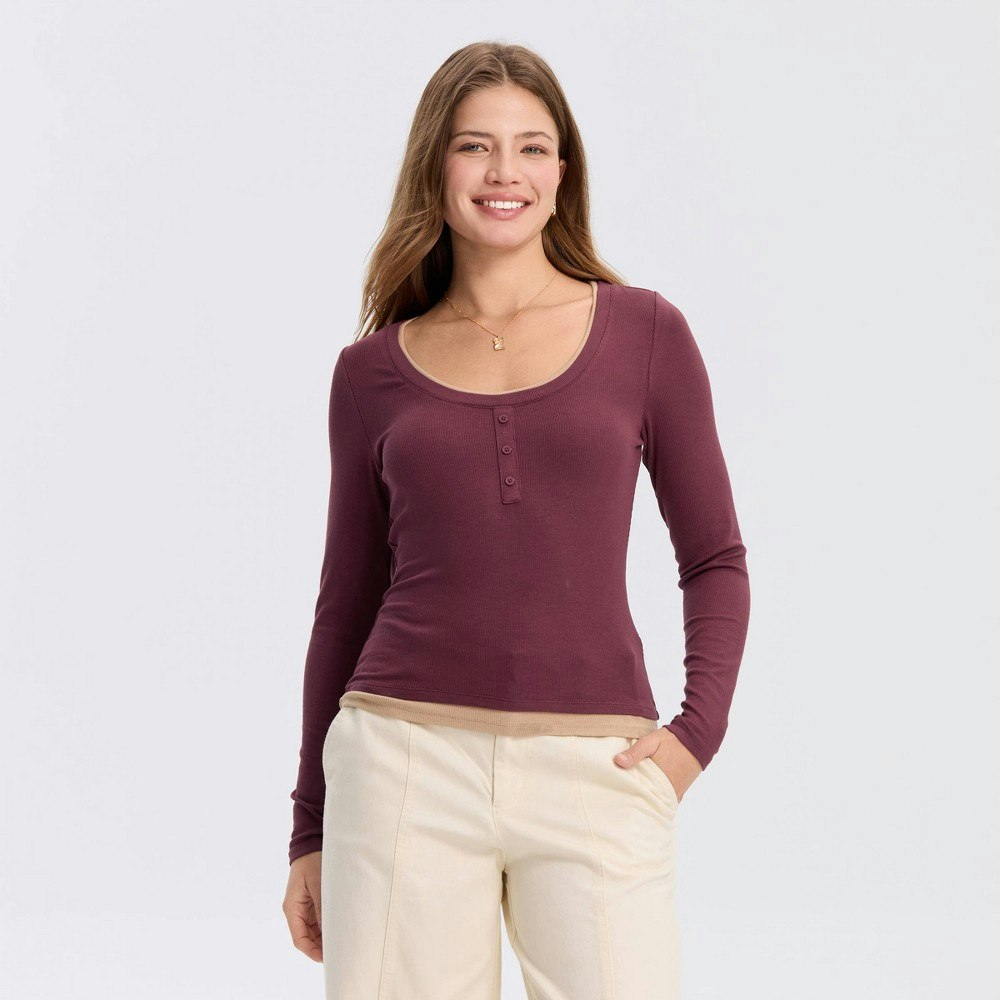 A New Day Women's Long Sleeve Contrast Ribbed Henley Top: $25 A New Day Women's Long Sleeve Contrast Ribbed Henley Top: $25