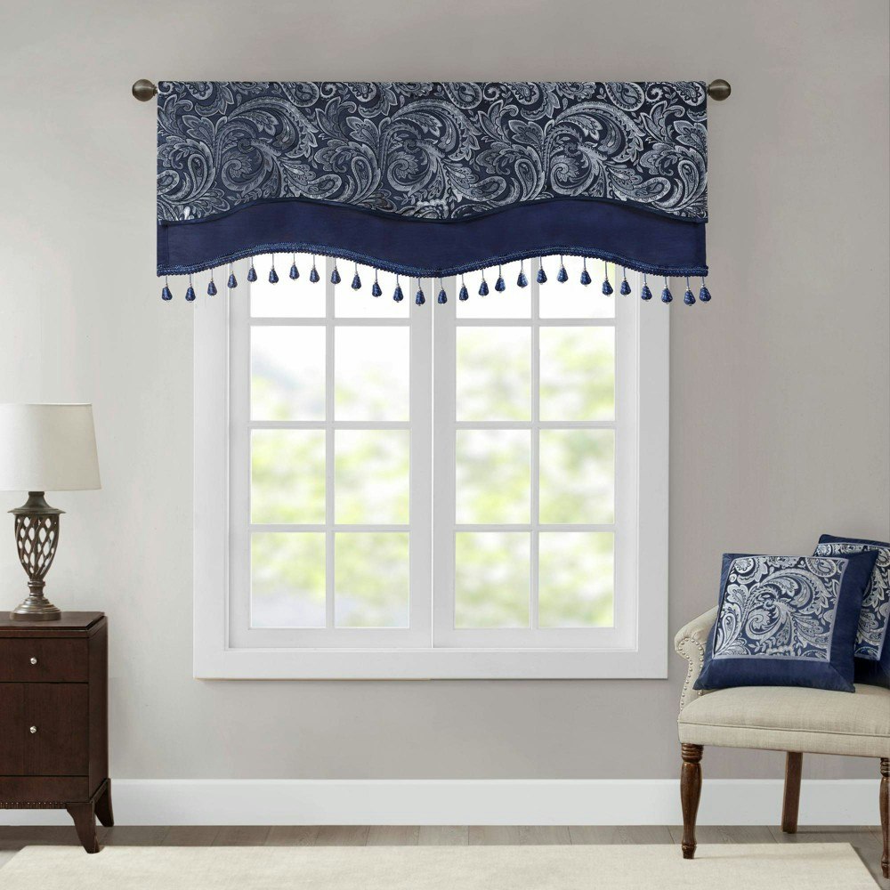 Madison Park 50"x18" Valerie Jacquard Bead-Trimmed Room Darkening Window Valance: $22.99 Madison Park 50"x18" Valerie Jacquard Bead-Trimmed Room Darkening Window Valance: $22.99