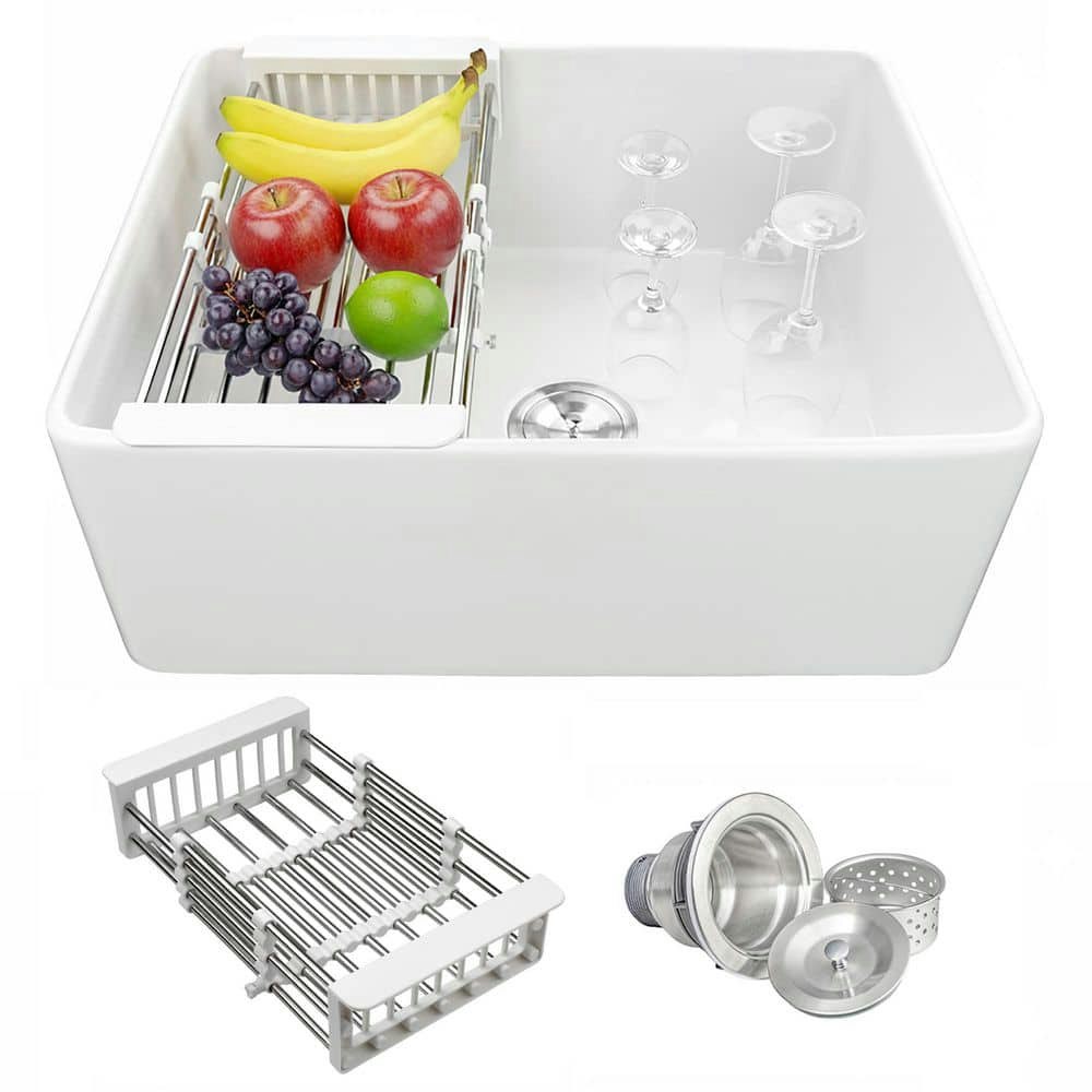 24-inch Fireclay Single Bowl Apron-Front Kitchen Sink with Basket Strainer: $149.99 24-inch Fireclay Single Bowl Apron-Front Kitchen Sink with Basket Strainer: $149.99