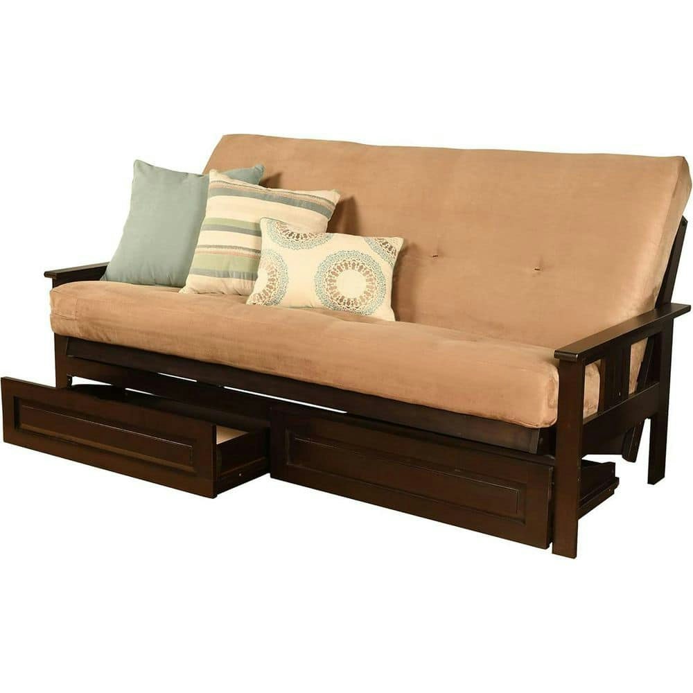 Full Size Espresso Polyester Upholstered Futon Set with Mattress and Storage Drawers: $765.20 Full Size Espresso Polyester Upholstered Futon Set with Mattress and Storage Drawers: $765.20