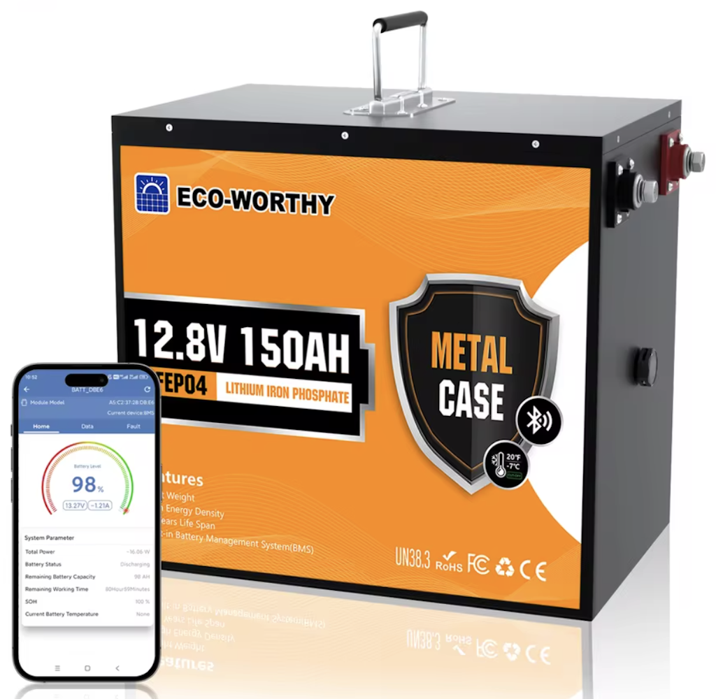Eco-Worthy 12V 150Ah Bluetooth LiFePO4 Lithium Battery: $155