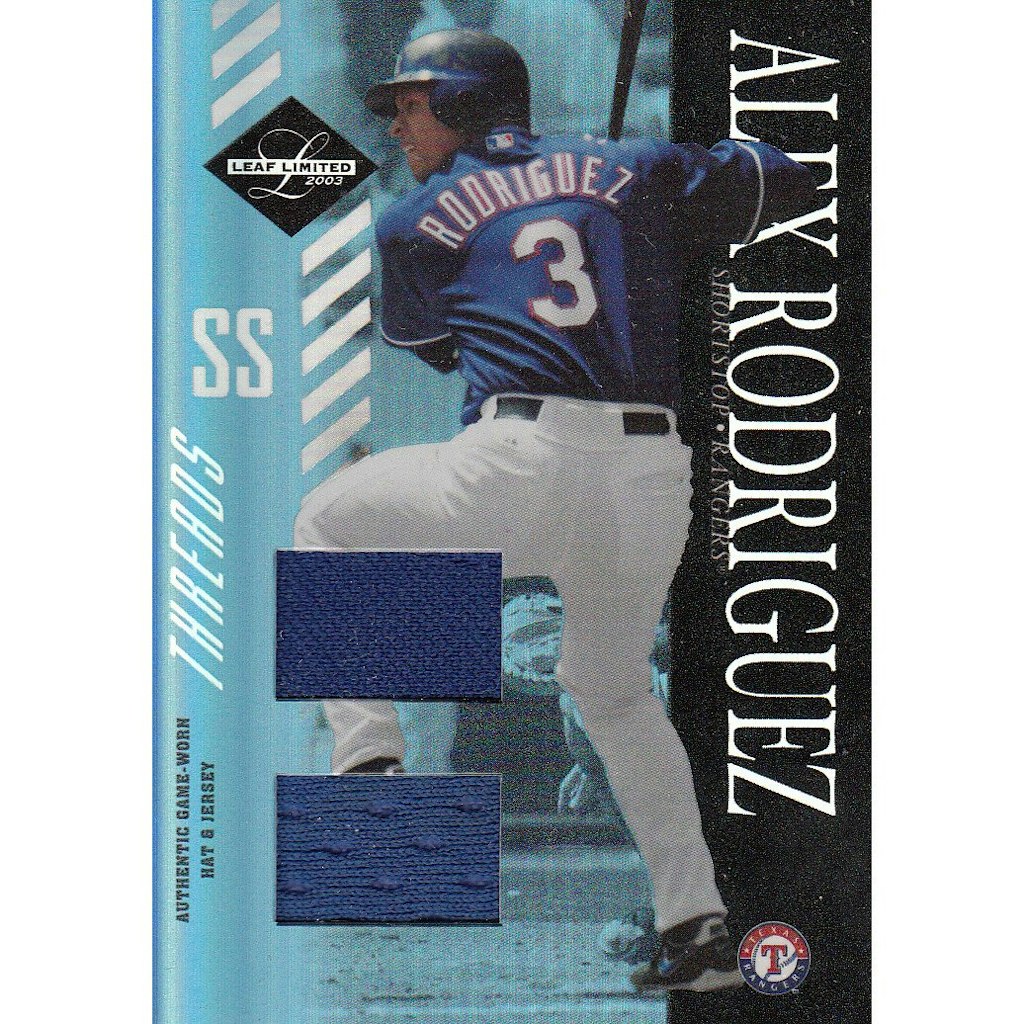 2003 Leaf Limited Threads Alex Rodriguez Jersey and Hat Relic Card: $54 2003 Leaf Limited Threads Alex Rodriguez Jersey and Hat Relic Card: $54