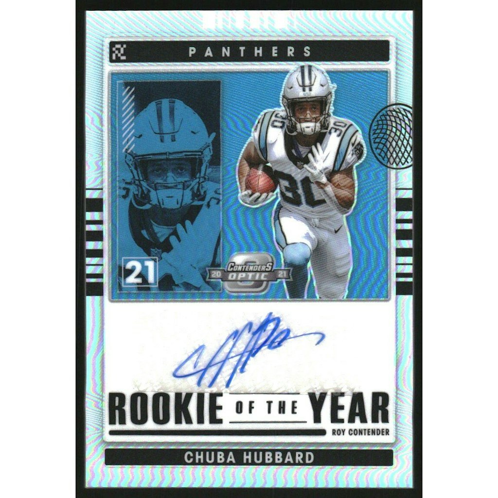 2021 Panini Contenders Optic Chuba Hubbard Rookie of the Year Autograph Card /50: $27 2021 Panini Contenders Optic Chuba Hubbard Rookie of the Year Autograph Card /50: $27