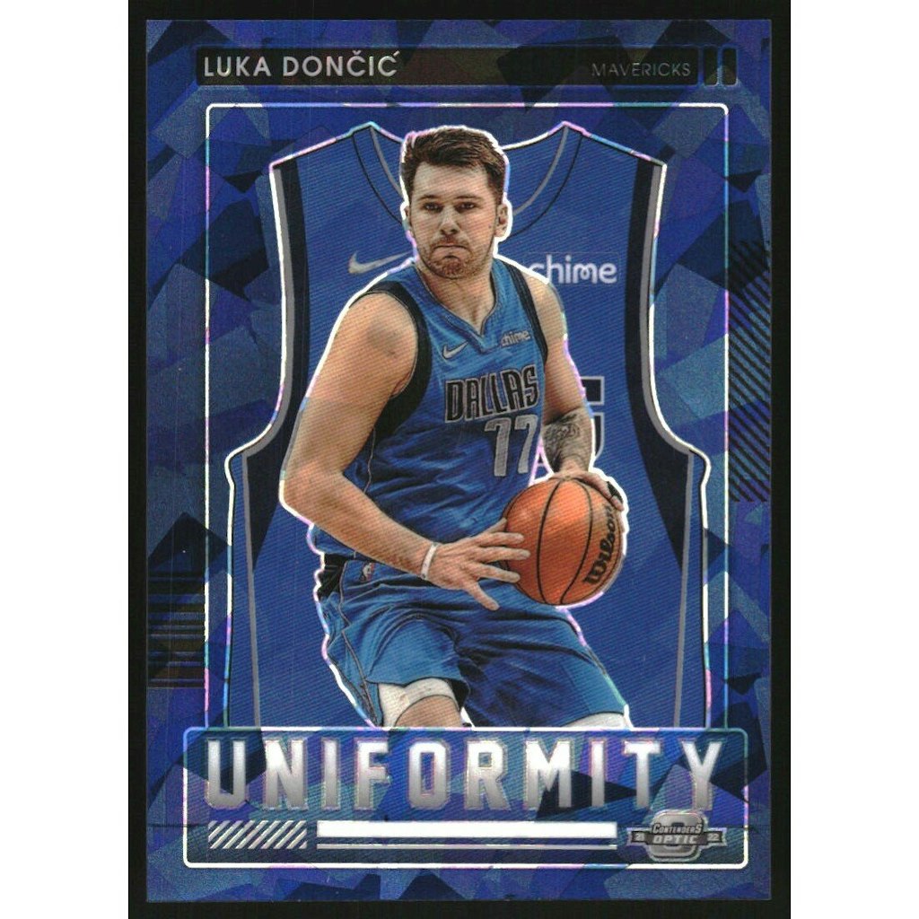 2021-22 Panini Contenders Optic Uniformity Luka Doncic Blue Cracked Ice Card: $72