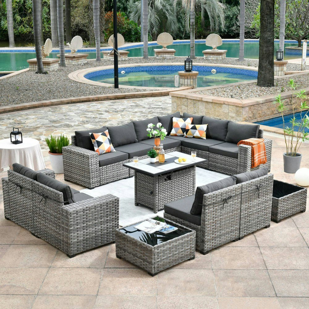 Ovios Marlton 13-Piece Wicker Patio Furniture Set with Fire Pit: $2,149.99
