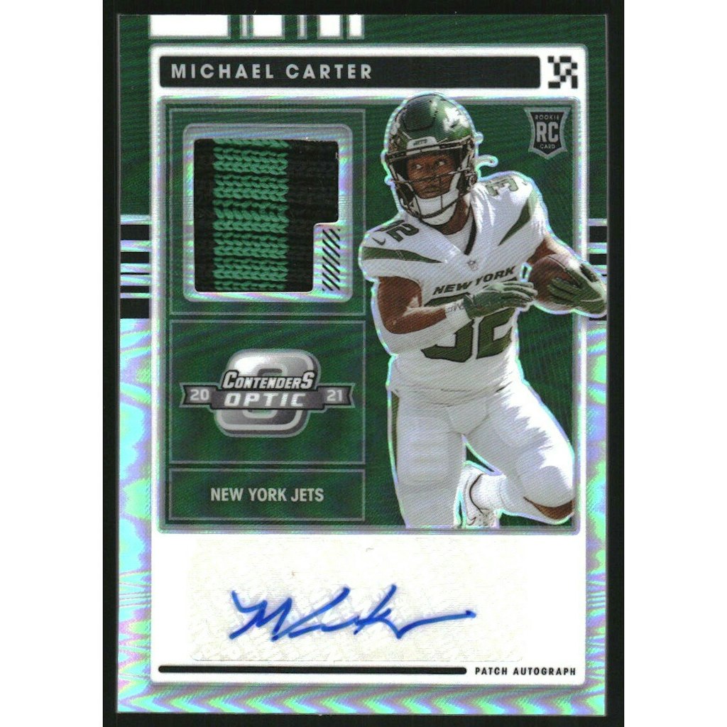 2021 Panini Contenders Optic Michael Carter Rookie Patch Autograph #25/75: $54 2021 Panini Contenders Optic Michael Carter Rookie Patch Autograph #25/75: $54