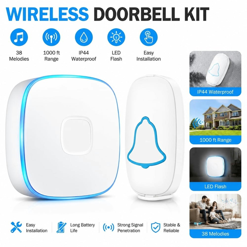 Wireless Doorbell 1-Push Button and 1-Receiver Kit: $13.49