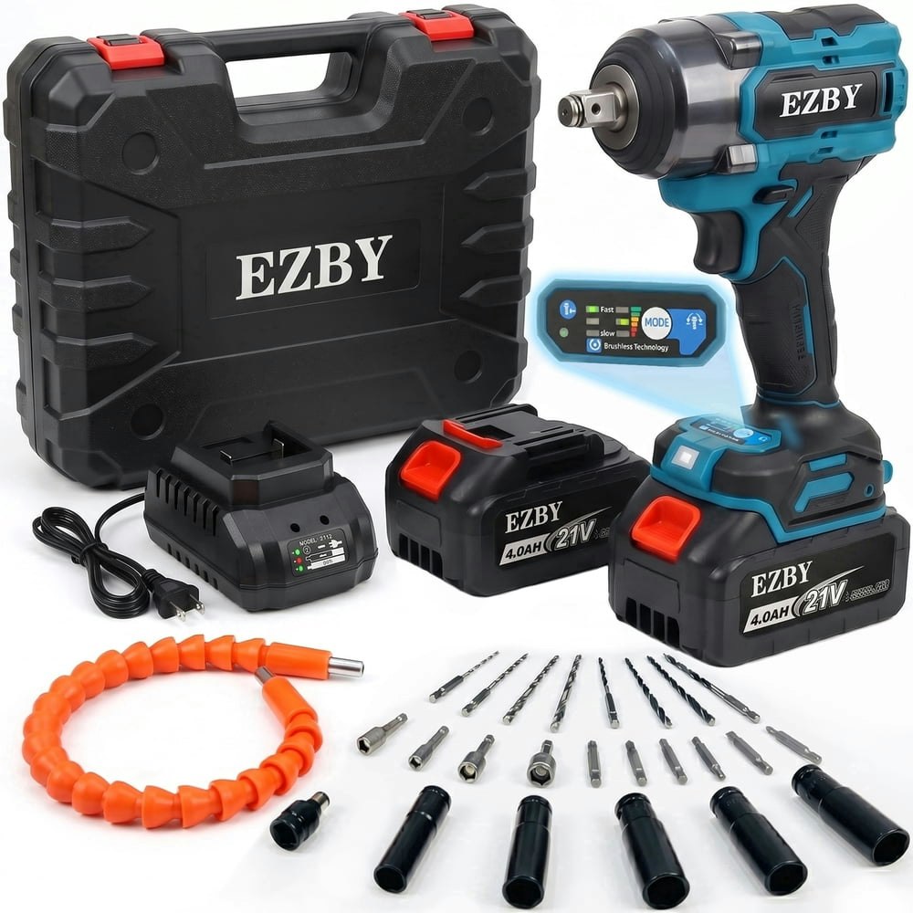 EZBY 1/2-Inch 664 Foot-Pound Cordless Brushless Impact Wrench Kit: $72.79