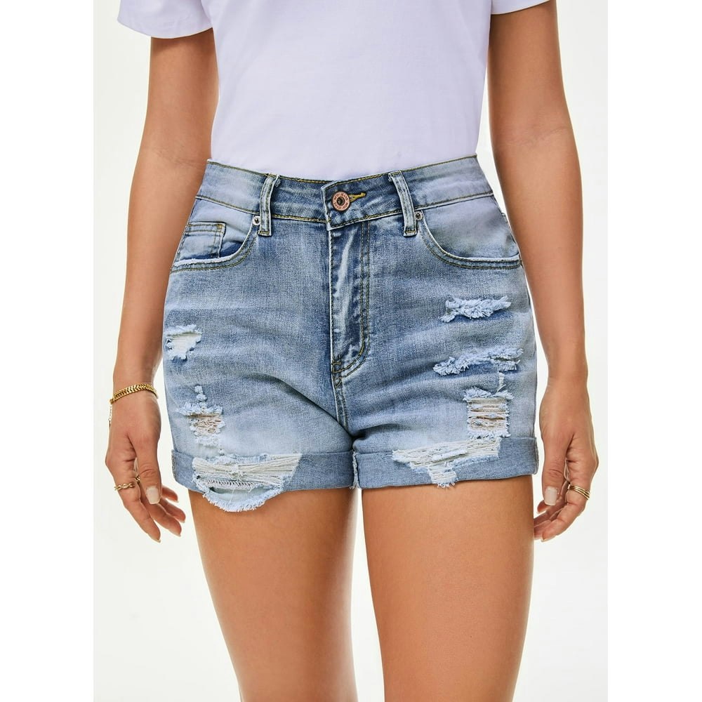 Pink Queen Women's Mid-Rise Ripped Denim Shorts: $14.98 Pink Queen Women's Mid-Rise Ripped Denim Shorts: $14.98