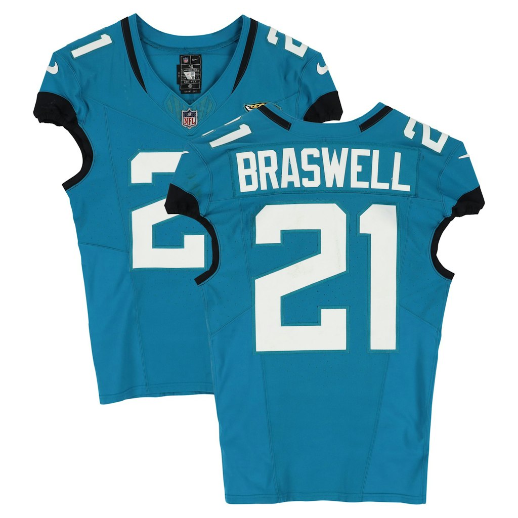 Christian Braswell Game-Used Jacksonville Jaguars #21 Teal Nike Jersey: $799.99 Christian Braswell Game-Used Jacksonville Jaguars #21 Teal Nike Jersey: $799.99