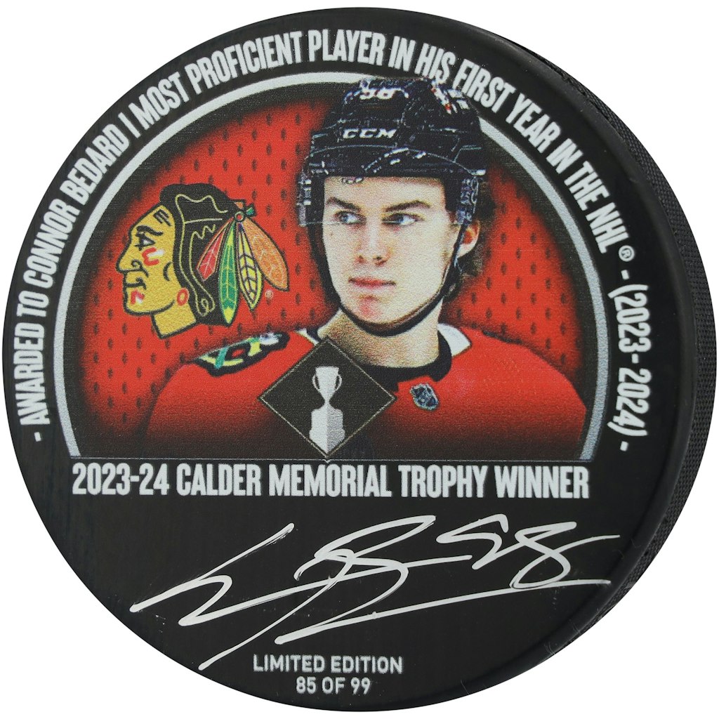 Connor Bedard Chicago Blackhawks Autographed 2024 Calder Trophy Hockey Puck: $549.99