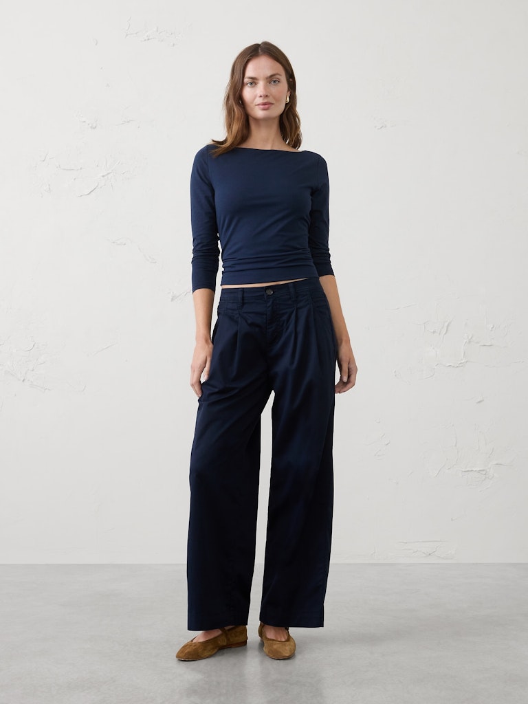 Straight Mid-Rise Twill Pleated Pants: $50