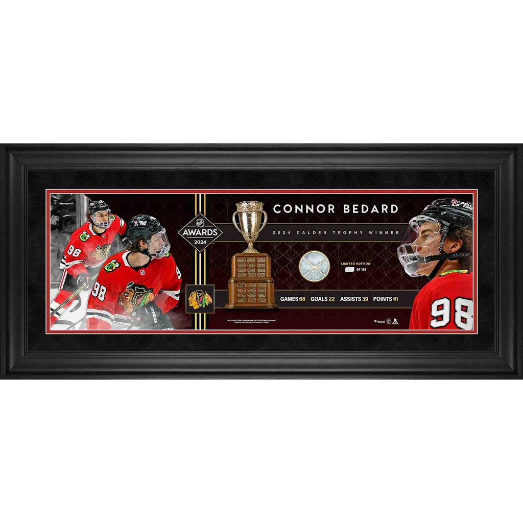 Connor Bedard Chicago Blackhawks Calder Memorial Trophy Winner 10" x 30" Framed Panoramic w/ Game-Used Net Piece: $129.99