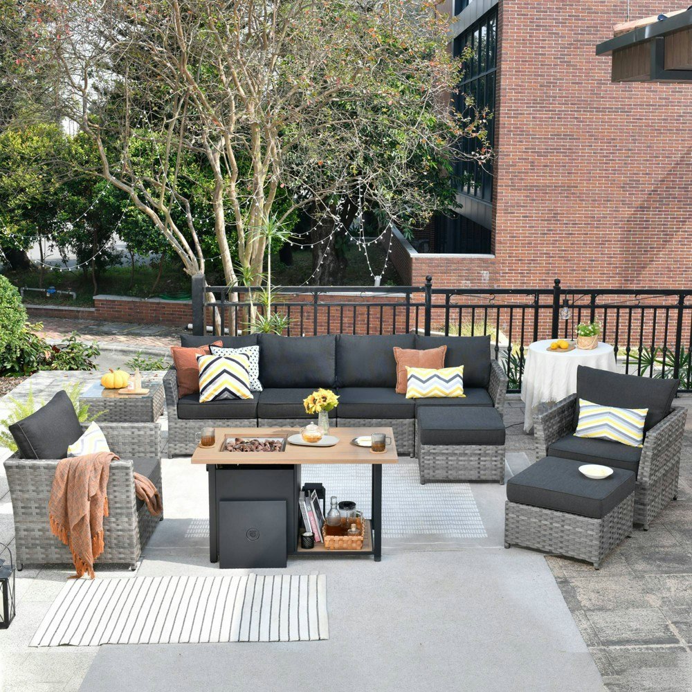 Ovios Tenaya 10-Piece Wicker Patio Furniture Set with Storage Fire Pit: $1,609.99 Ovios Tenaya 10-Piece Wicker Patio Furniture Set with Storage Fire Pit: $1,609.99