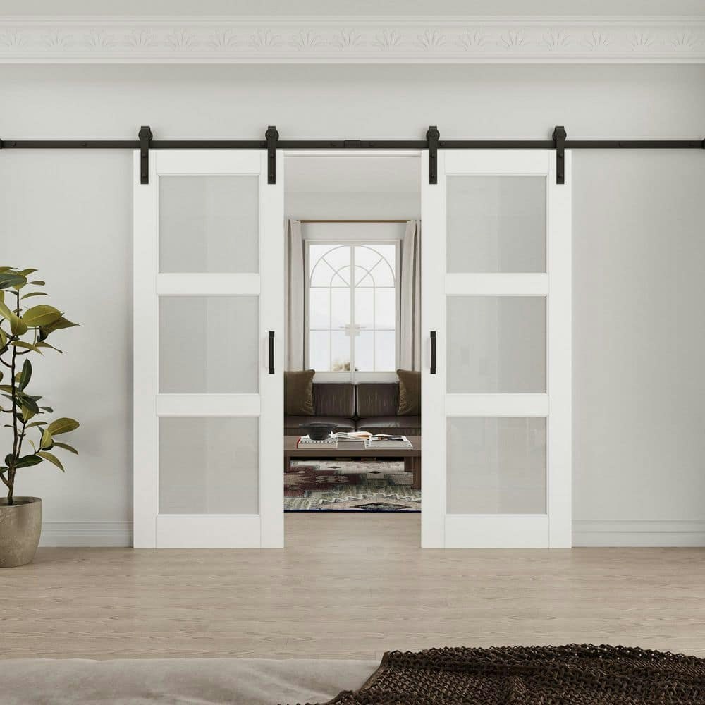 60" x 80" 3-Lite Frosted Glass Sliding Barn Door with Hardware Kit: $704.04