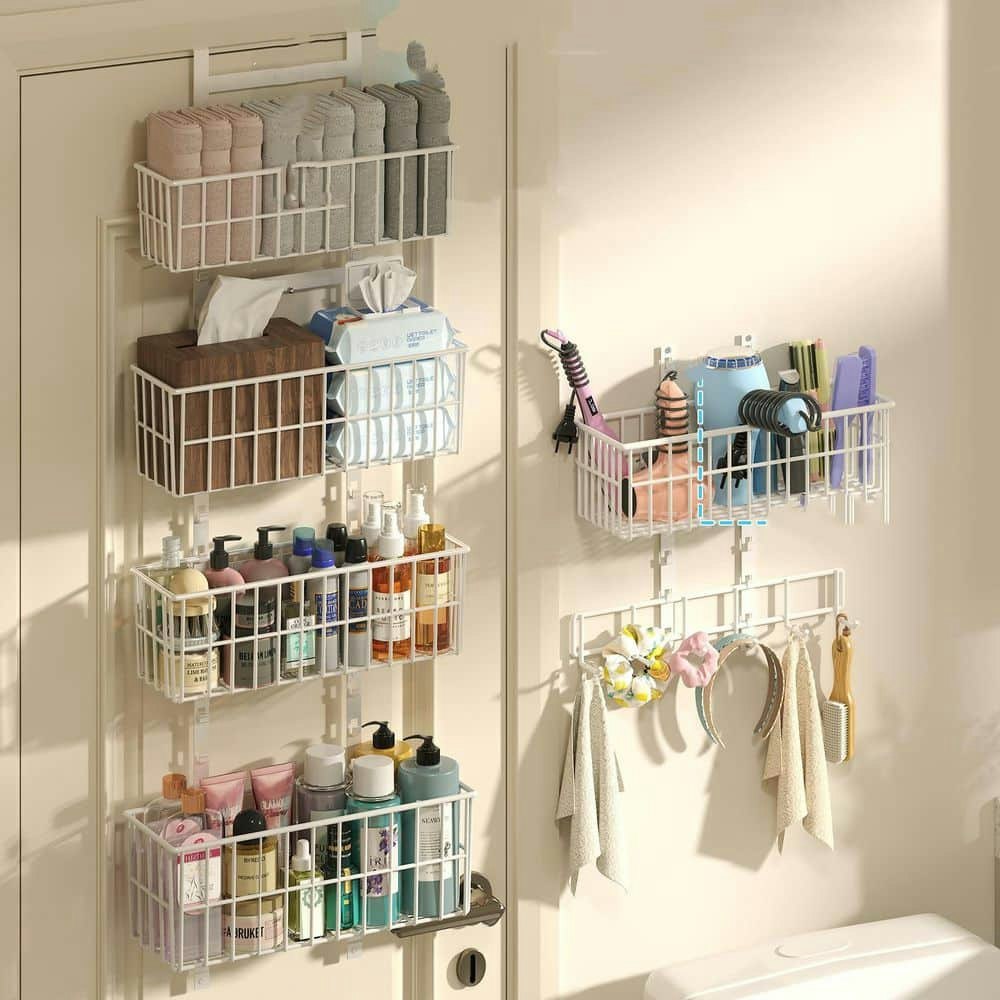 Adjustable White Metal Hanging Door Organizer with 5 Baskets and 7 Hooks: $105.59 Adjustable White Metal Hanging Door Organizer with 5 Baskets and 7 Hooks: $105.59