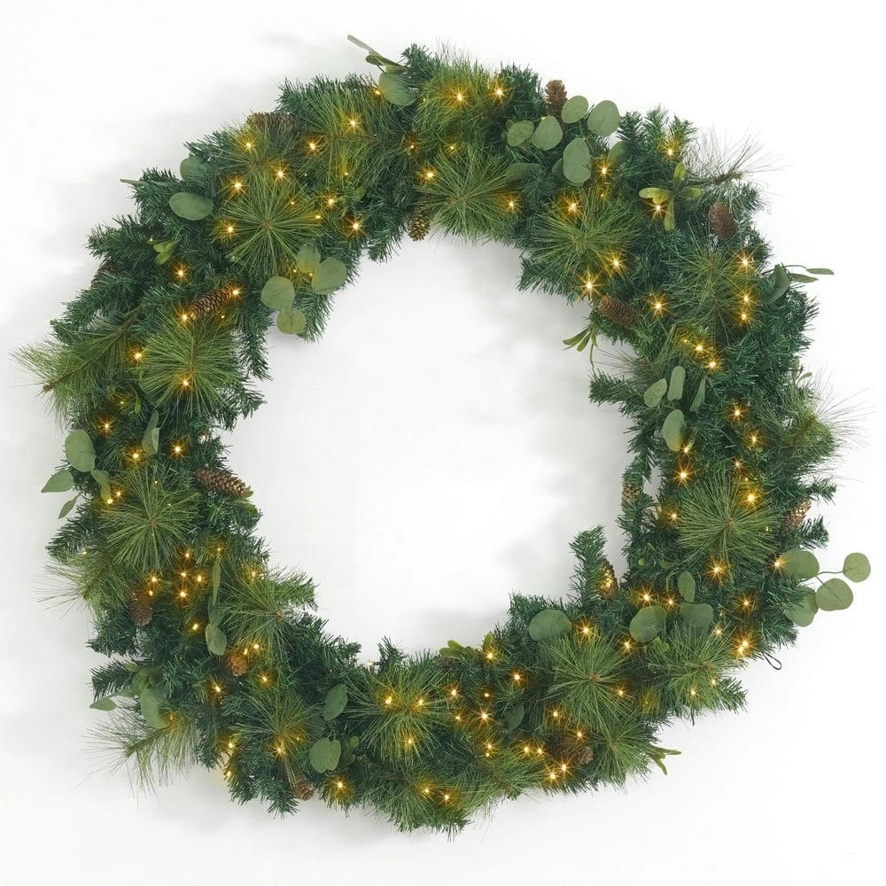 48-Inch Pre-Lit LED Eucalyptus and Pine Artificial Christmas Wreath: $179 48-Inch Pre-Lit LED Eucalyptus and Pine Artificial Christmas Wreath: $179