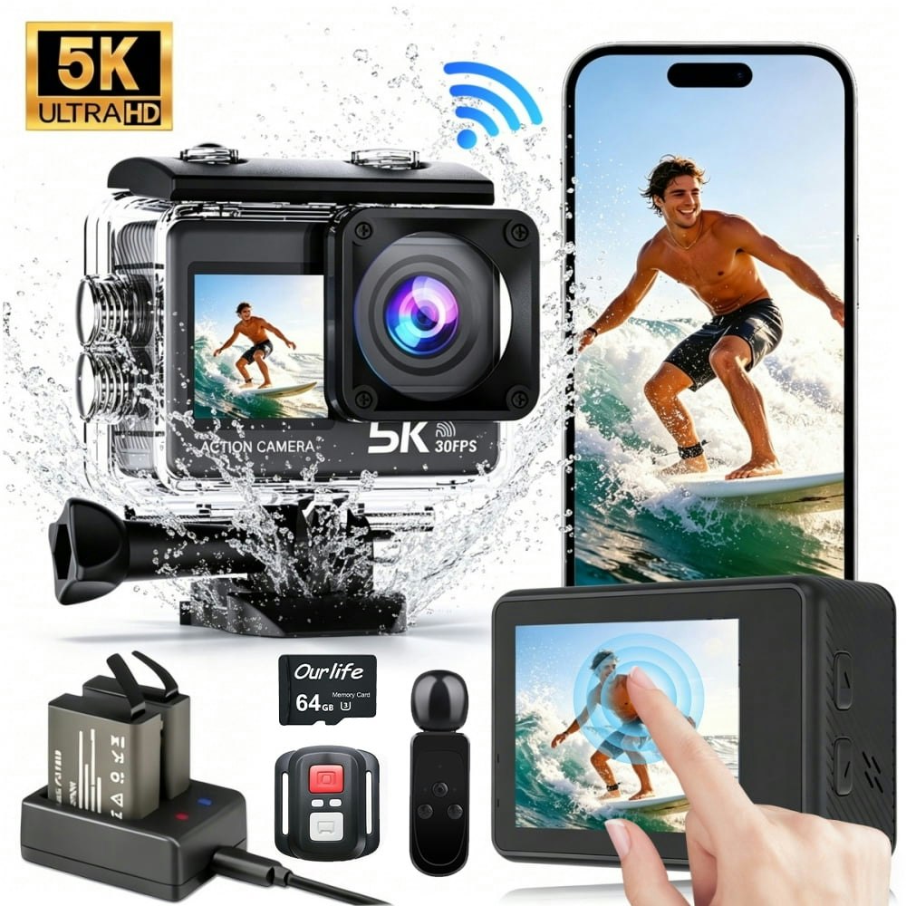 5K 30FPS 50MP Waterproof Action Camera with 64GB Card: $77.99
