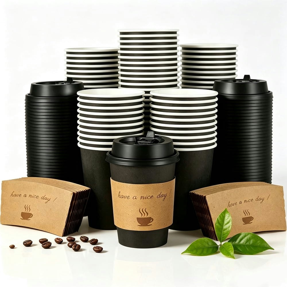 Lamosi 12oz Disposable Hot Cups with Lids and Sleeves 100-Pack: $22.96