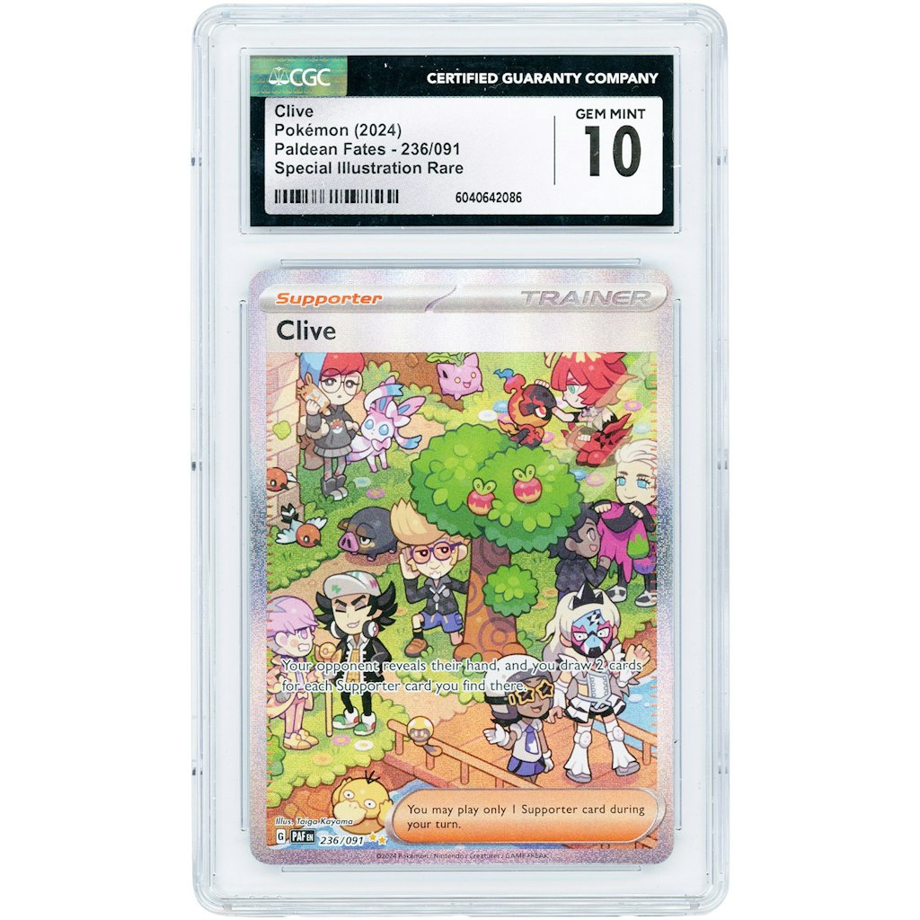 Clive 2024 Pokemon Paldean Fates Special Illustration Rare #236 CGC 10 Card: $149.99 Clive 2024 Pokemon Paldean Fates Special Illustration Rare #236 CGC 10 Card: $149.99