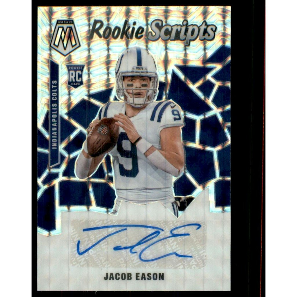 2020 Panini Mosaic Jacob Eason Rookie Scripts Card: $54 2020 Panini Mosaic Jacob Eason Rookie Scripts Card: $54