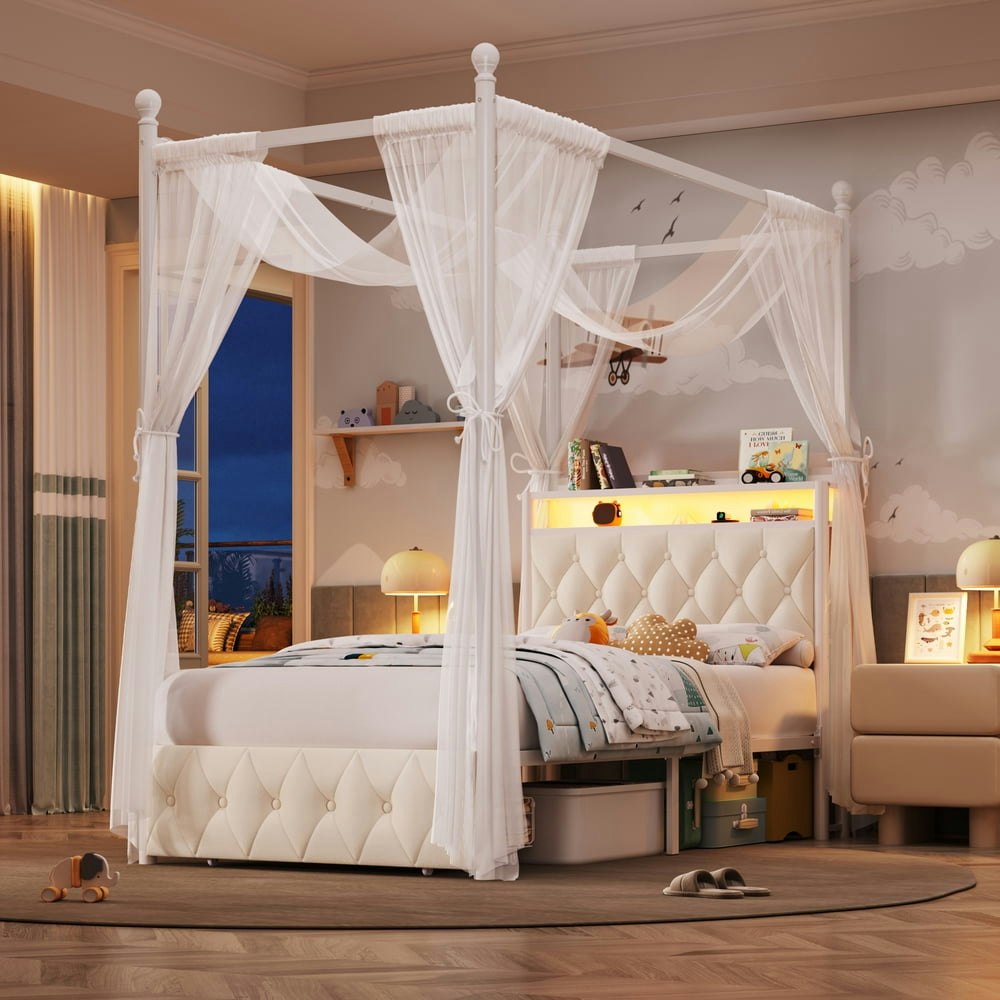 Hiphuta Twin Upholstered Canopy Bed with Charging Station and Storage Drawer: $209.95 Hiphuta Twin Upholstered Canopy Bed with Charging Station and Storage Drawer: $209.95