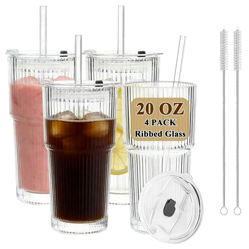 Aovky 20oz Ribbed Glass Tumbler with Lid and Straw 4-Pack: $17.09