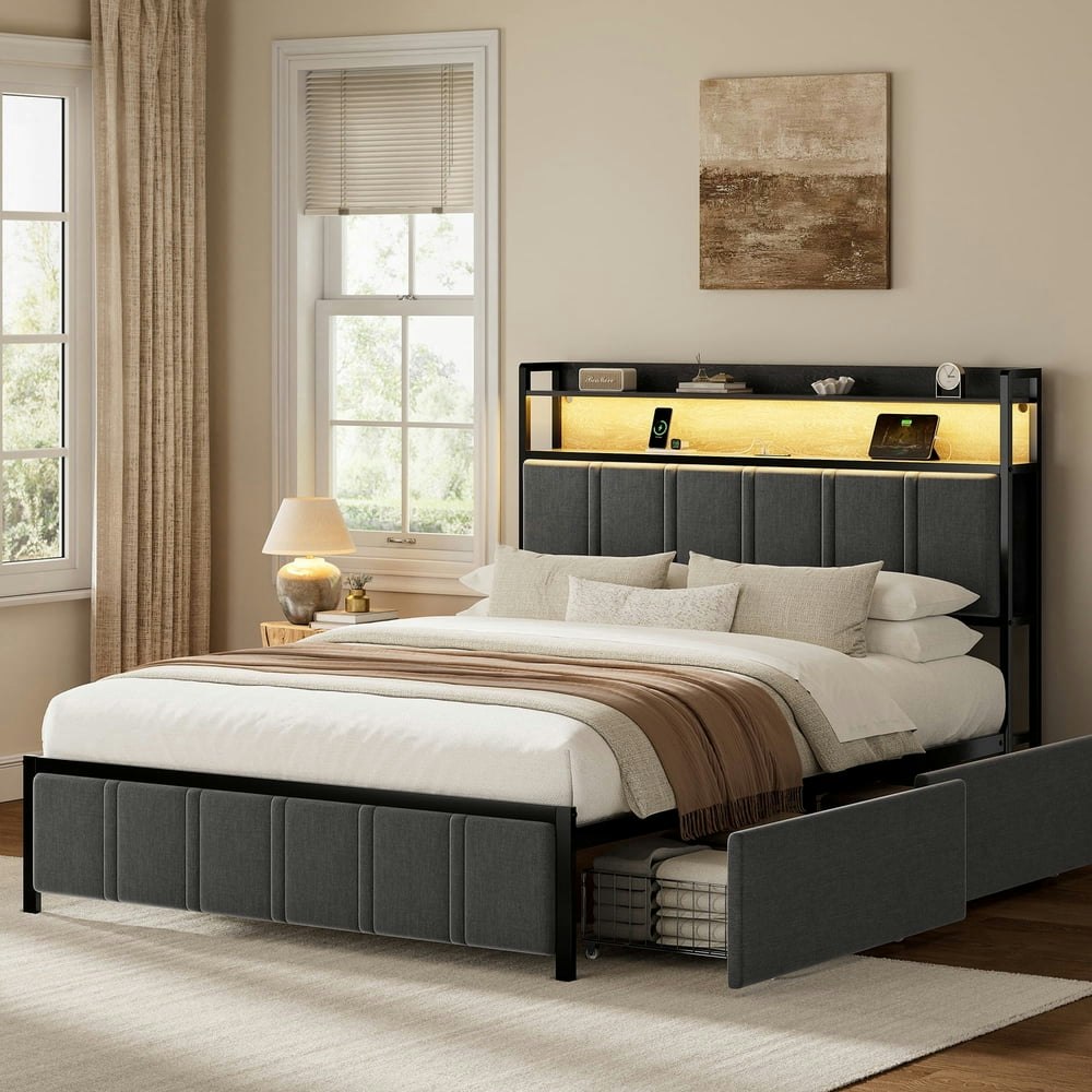 Gunaito Queen Upholstered Bed Frame with Storage Headboard and Drawers: $179.99 Gunaito Queen Upholstered Bed Frame with Storage Headboard and Drawers: $179.99