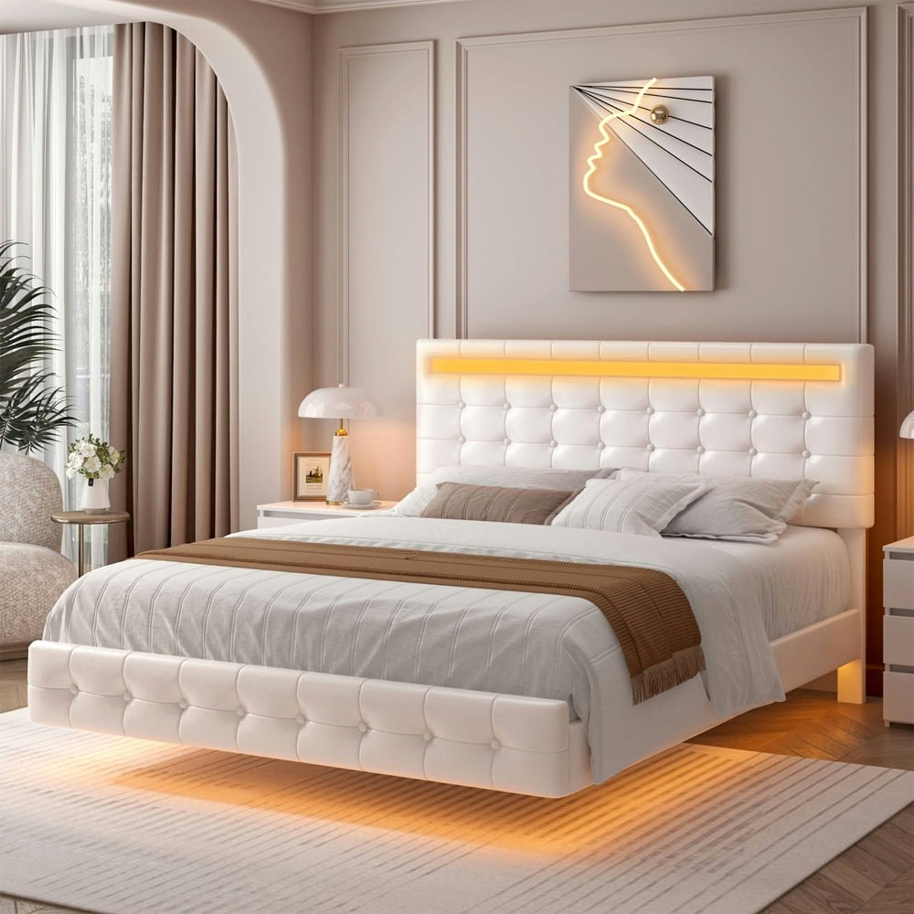 Homfa Queen Floating LED Upholstered Platform Bed: $159.99