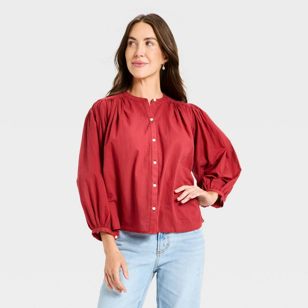 Women's Puff Long Sleeve Banded Collar Blouse: $22.50 Women's Puff Long Sleeve Banded Collar Blouse: $22.50