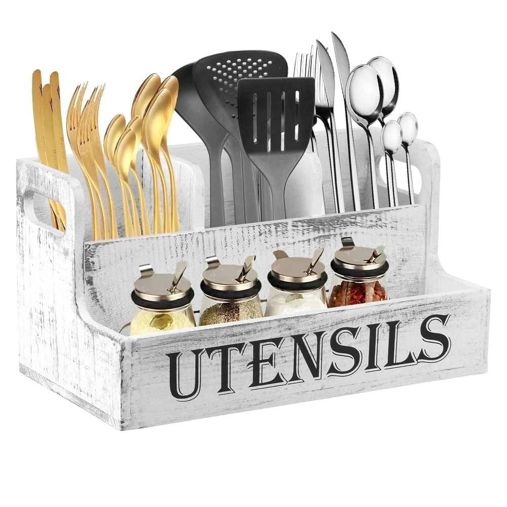 Fuygrcj 4-Compartment Wooden Kitchen Utensil Holder: $22.54