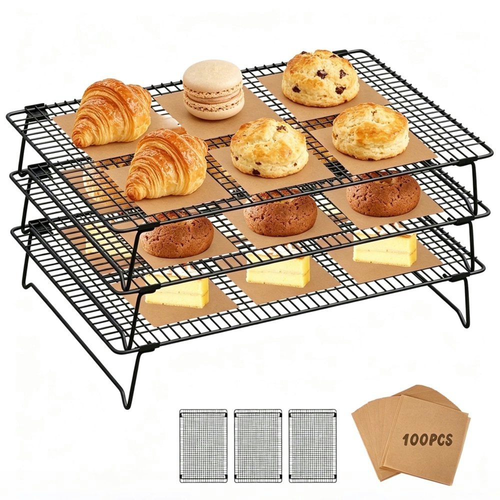 Tuoshunge 3-Tier Stackable Foldable Cooling Rack with 100 Sheets Baking Paper: $21.32 Tuoshunge 3-Tier Stackable Foldable Cooling Rack with 100 Sheets Baking Paper: $21.32